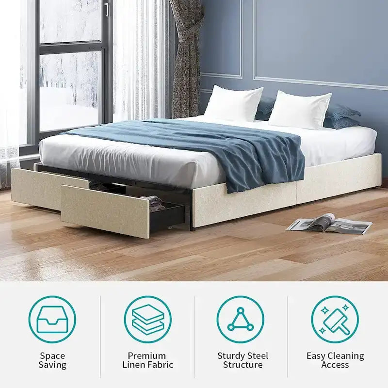 Linen Upholstered Platform Bed with Storage Drawers – Beige / Light Grey / Dark Grey – Full / Queen / King