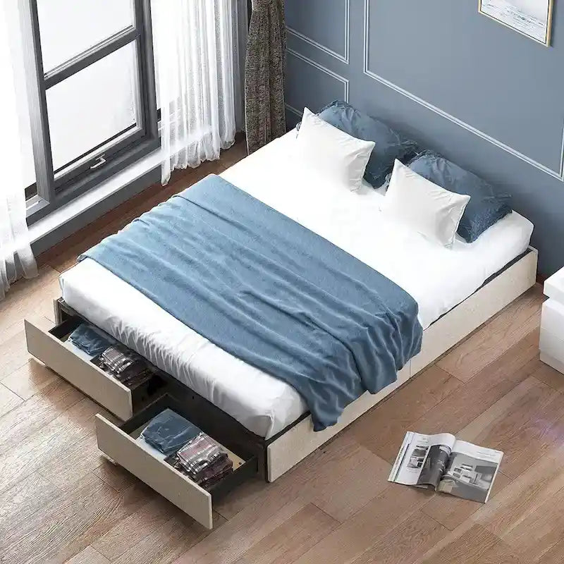 Linen Upholstered Platform Bed with Storage Drawers – Beige / Light Grey / Dark Grey – Full / Queen / King