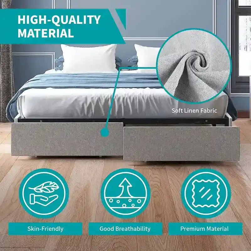 Linen Upholstered Platform Bed with Storage Drawers – Beige / Light Grey / Dark Grey – Full / Queen / King