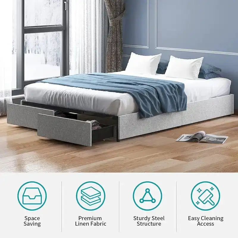 Linen Upholstered Platform Bed with Storage Drawers – Beige / Light Grey / Dark Grey – Full / Queen / King