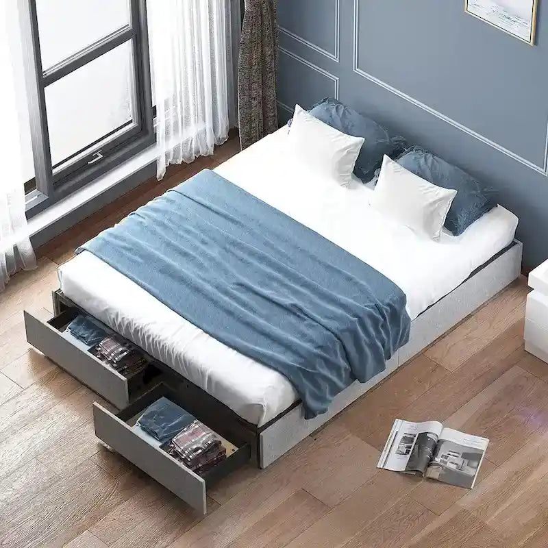 Linen Upholstered Platform Bed with Storage Drawers – Beige / Light Grey / Dark Grey – Full / Queen / King