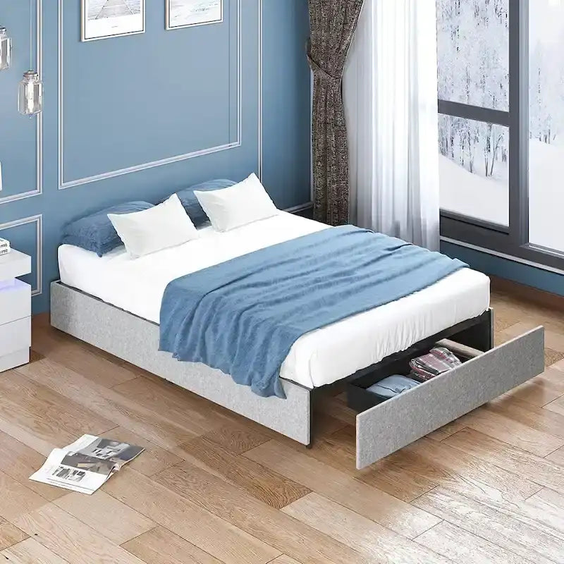 Linen Upholstered Platform Bed with Storage Drawers – Beige / Light Grey / Dark Grey – Full / Queen / King