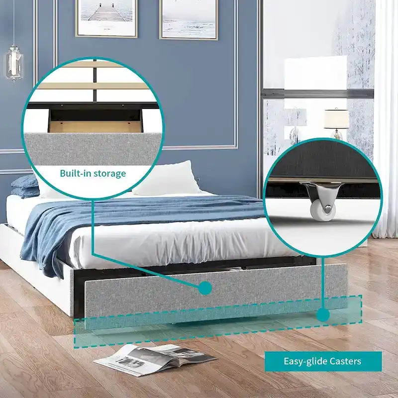 Linen Upholstered Platform Bed with Storage Drawers – Beige / Light Grey / Dark Grey – Full / Queen / King