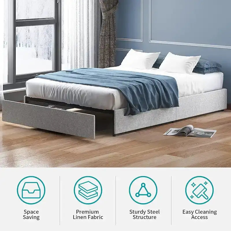 Linen Upholstered Platform Bed with Storage Drawers – Beige / Light Grey / Dark Grey – Full / Queen / King