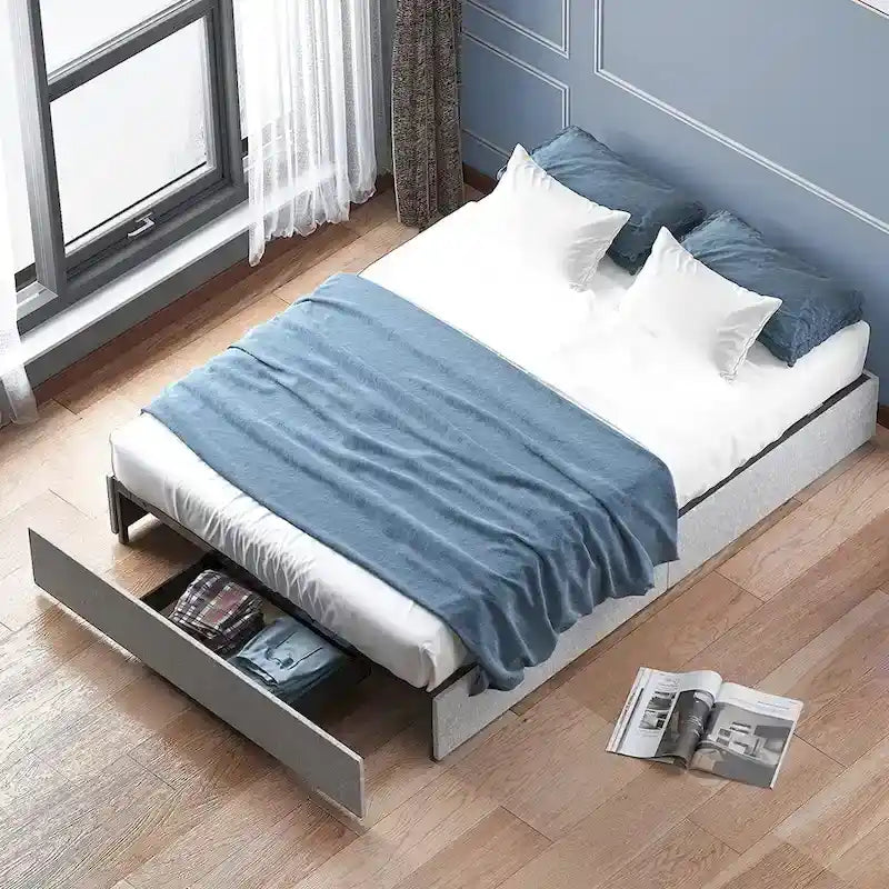 Linen Upholstered Platform Bed with Storage Drawers – Beige / Light Grey / Dark Grey – Full / Queen / King