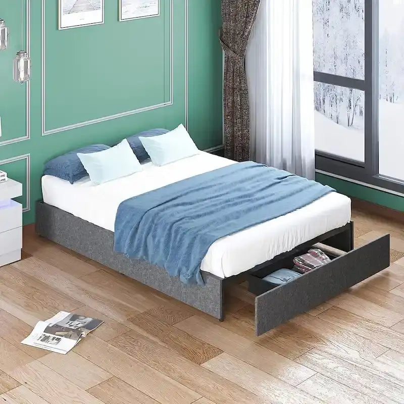 Linen Upholstered Platform Bed with Storage Drawers – Beige / Light Grey / Dark Grey – Full / Queen / King