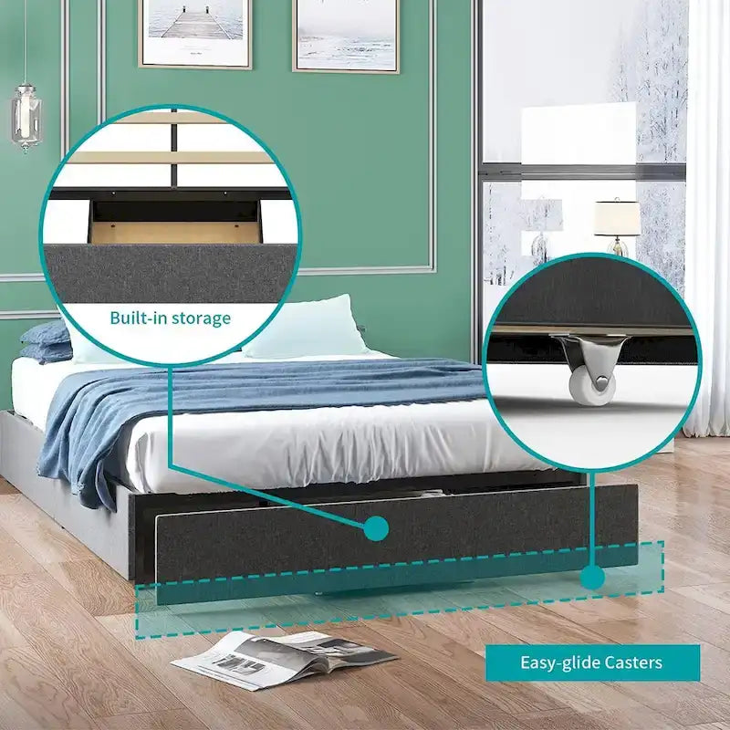 Linen Upholstered Platform Bed with Storage Drawers – Beige / Light Grey / Dark Grey – Full / Queen / King