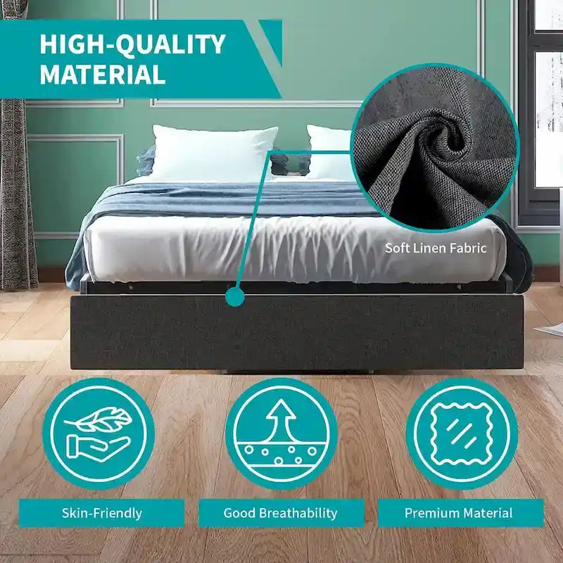 Linen Upholstered Platform Bed with Storage Drawers – Beige / Light Grey / Dark Grey – Full / Queen / King