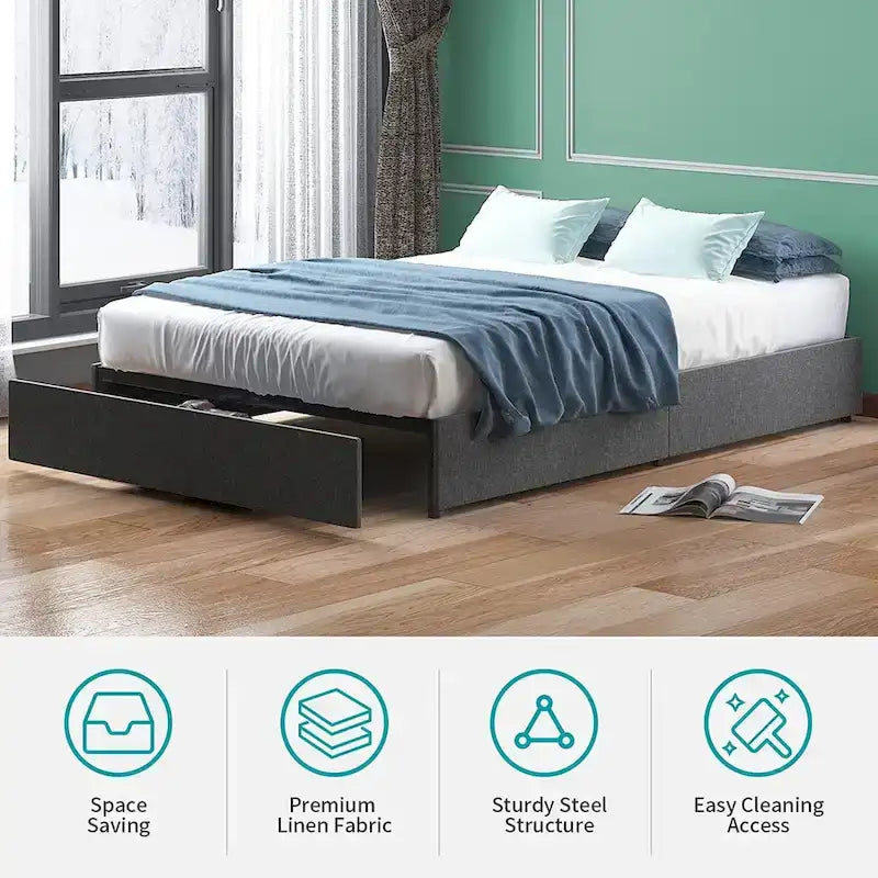 Linen Upholstered Platform Bed with Storage Drawers – Beige / Light Grey / Dark Grey – Full / Queen / King