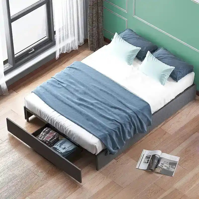 Linen Upholstered Platform Bed with Storage Drawers – Beige / Light Grey / Dark Grey – Full / Queen / King