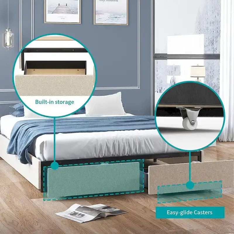 Linen Upholstered Platform Bed with Storage Drawers – Beige / Light Grey / Dark Grey – Full / Queen / King