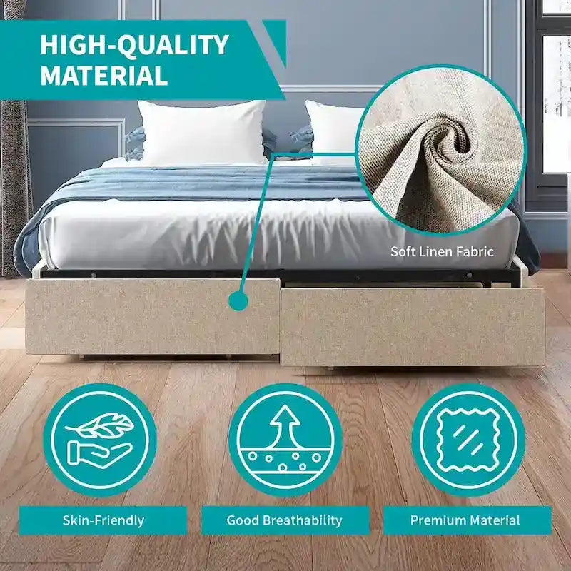 Linen Upholstered Platform Bed with Storage Drawers – Beige / Light Grey / Dark Grey – Full / Queen / King