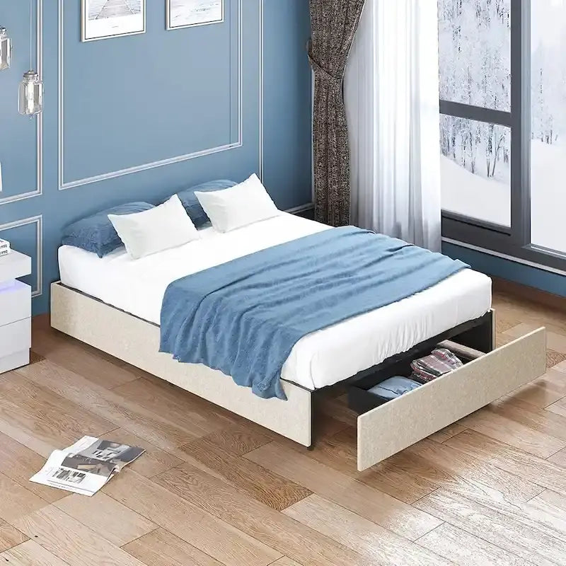 Linen Upholstered Platform Bed with Storage Drawers – Beige / Light Grey / Dark Grey – Full / Queen / King