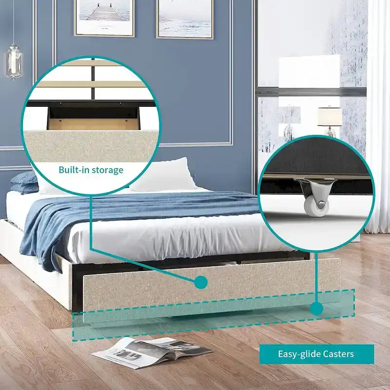 Linen Upholstered Platform Bed with Storage Drawers – Beige / Light Grey / Dark Grey – Full / Queen / King