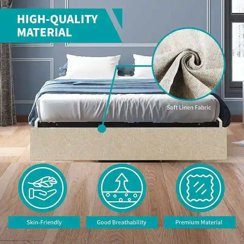 Linen Upholstered Platform Bed with Storage Drawers – Beige / Light Grey / Dark Grey – Full / Queen / King