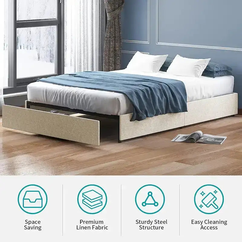 Linen Upholstered Platform Bed with Storage Drawers – Beige / Light Grey / Dark Grey – Full / Queen / King