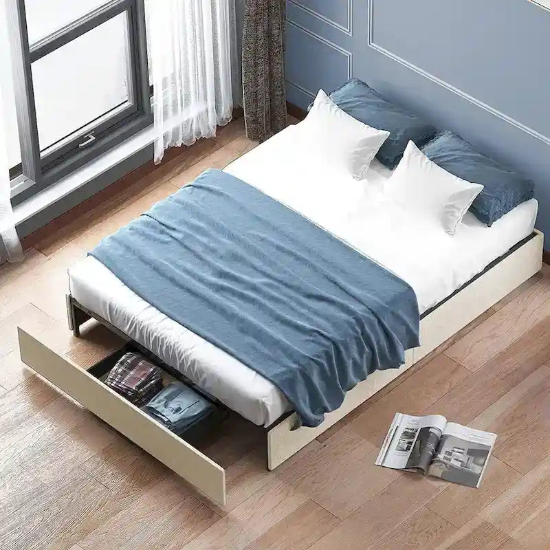 Linen Upholstered Platform Bed with Storage Drawers – Beige / Light Grey / Dark Grey – Full / Queen / King