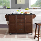 Mahogany & Black Granite Top Rolling Kitchen Cart with 4 Drawers, 2 Cabinets & Spice Rack