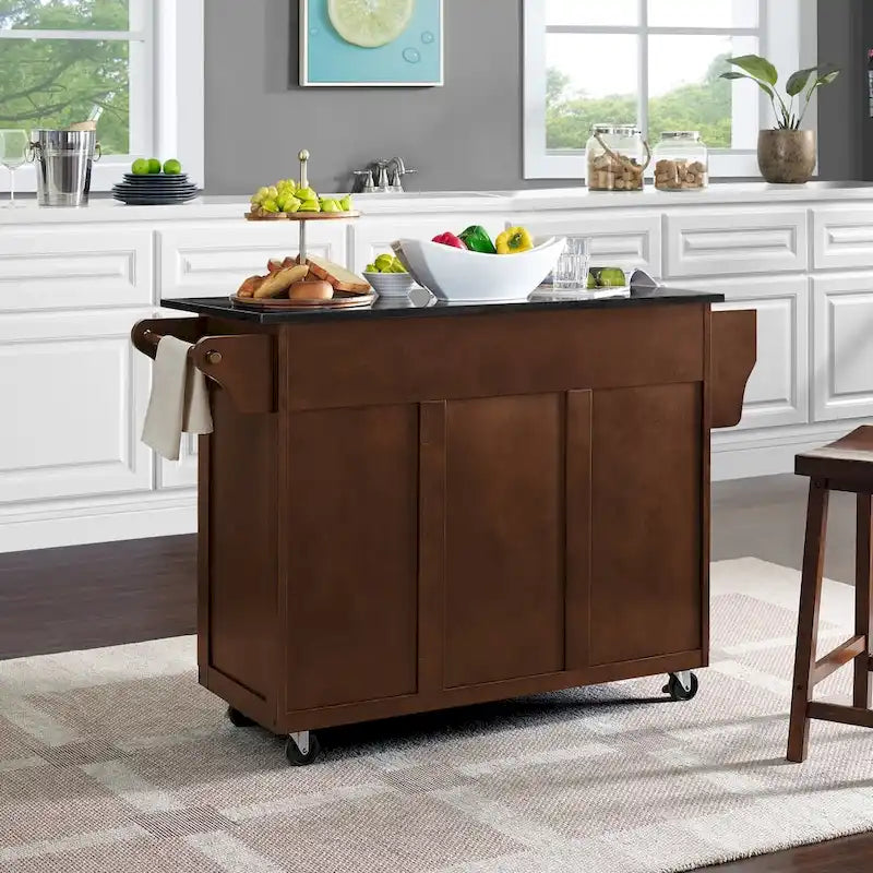 Mahogany & Black Granite Top Rolling Kitchen Cart with 4 Drawers, 2 Cabinets & Spice Rack