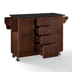 Mahogany & Black Granite Top Rolling Kitchen Cart with 4 Drawers, 2 Cabinets & Spice Rack