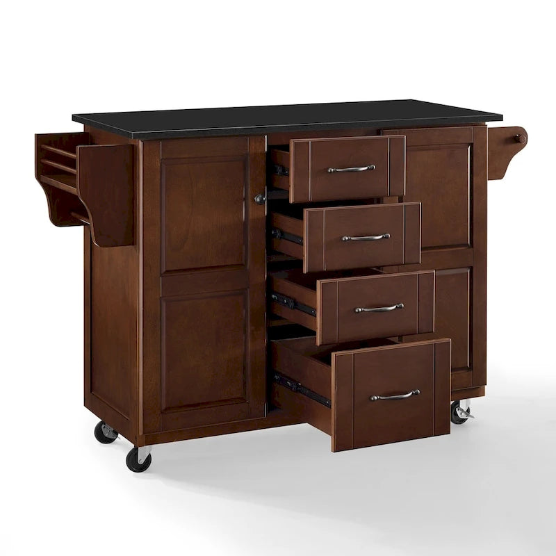 Mahogany & Black Granite Top Rolling Kitchen Cart with 4 Drawers, 2 Cabinets & Spice Rack