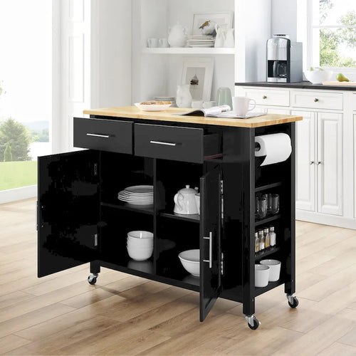 Black & Natural Wood Top Rolling Kitchen Island Cart with 2 Cabinets, 2 Drawers & Spice Rack