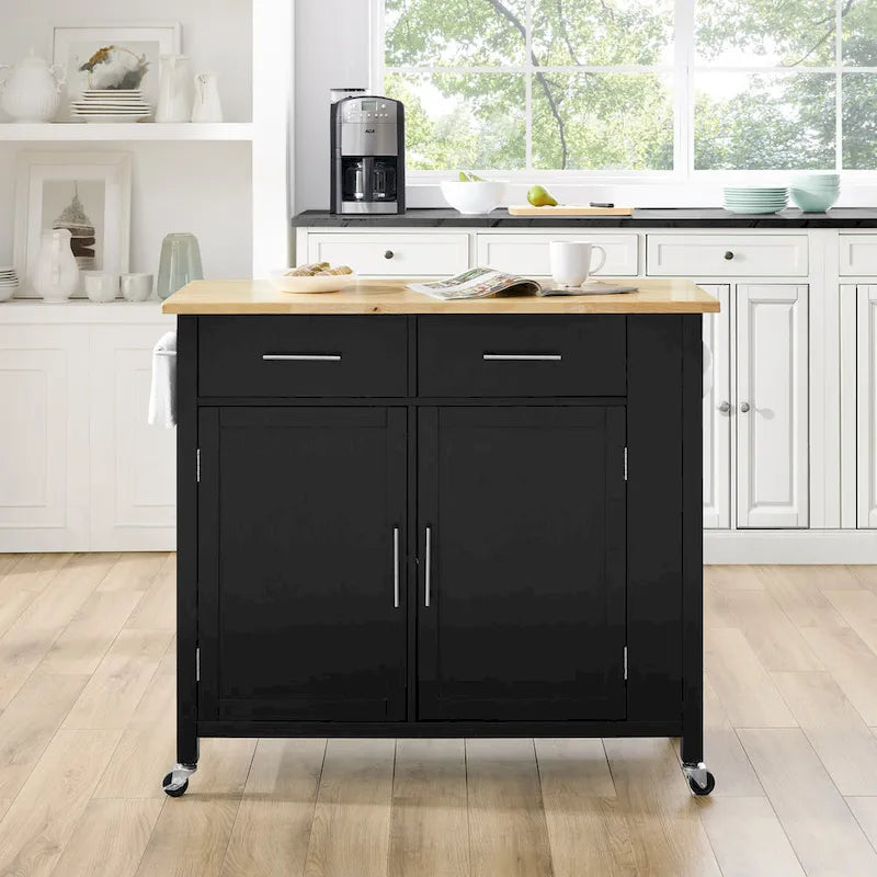 Black & Natural Wood Top Rolling Kitchen Island Cart with 2 Cabinets, 2 Drawers & Spice Rack