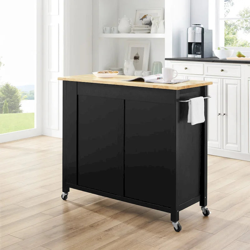 Black & Natural Wood Top Rolling Kitchen Island Cart with 2 Cabinets, 2 Drawers & Spice Rack
