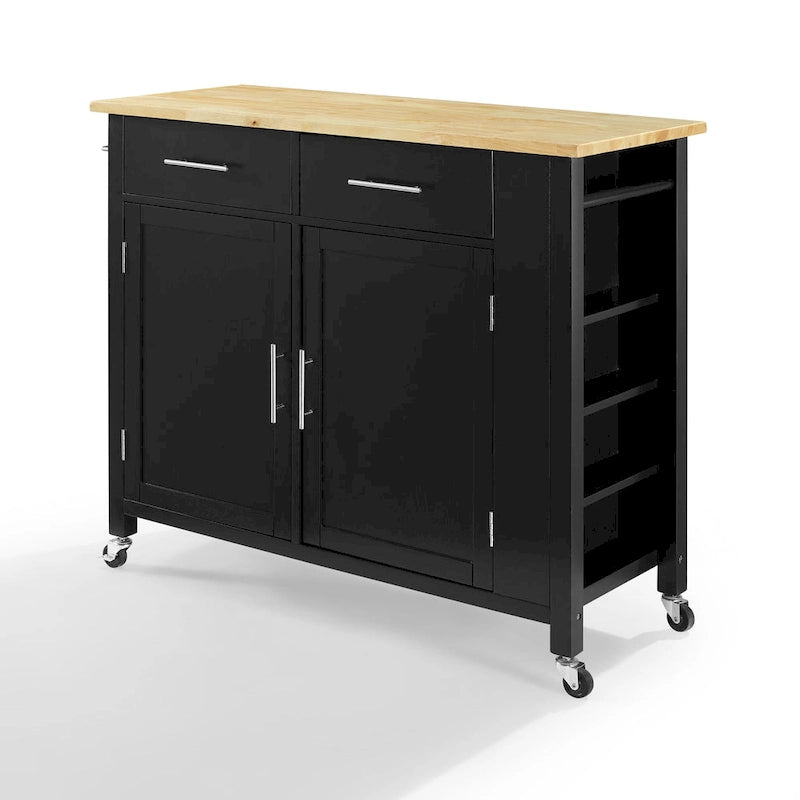 Black & Natural Wood Top Rolling Kitchen Island Cart with 2 Cabinets, 2 Drawers & Spice Rack