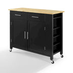 Black & Natural Wood Top Rolling Kitchen Island Cart with 2 Cabinets, 2 Drawers & Spice Rack