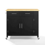 Black & Natural Wood Top Rolling Kitchen Island Cart with 2 Cabinets, 2 Drawers & Spice Rack