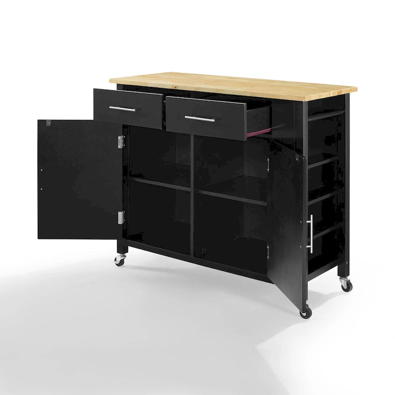 Black & Natural Wood Top Rolling Kitchen Island Cart with 2 Cabinets, 2 Drawers & Spice Rack