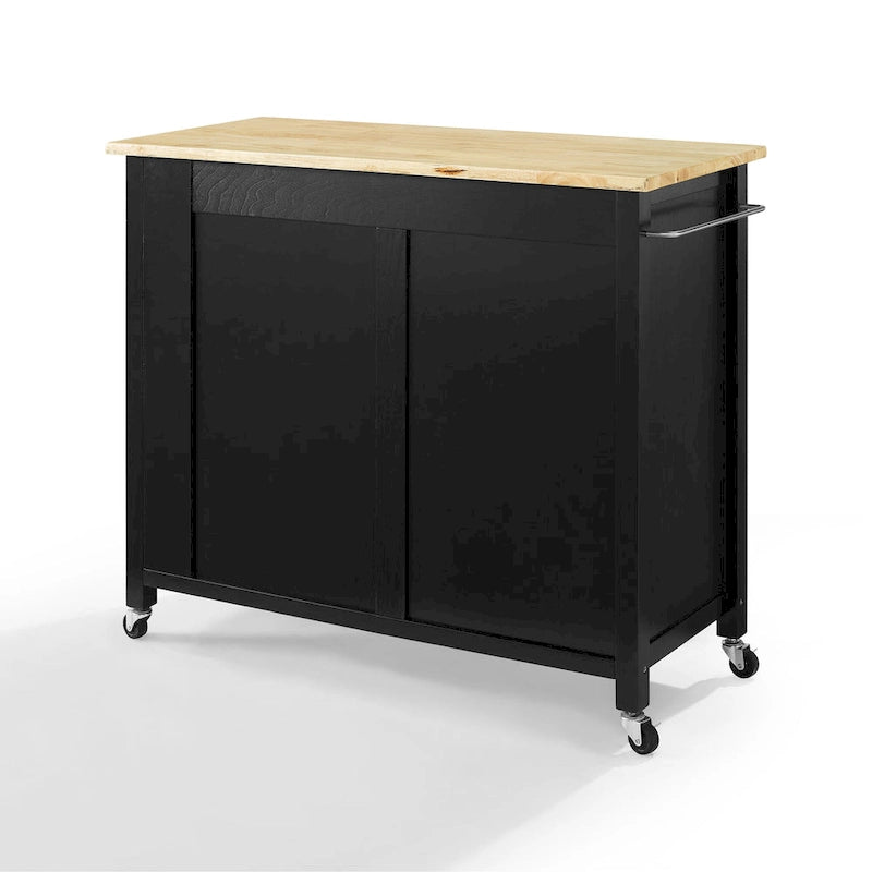 Black & Natural Wood Top Rolling Kitchen Island Cart with 2 Cabinets, 2 Drawers & Spice Rack