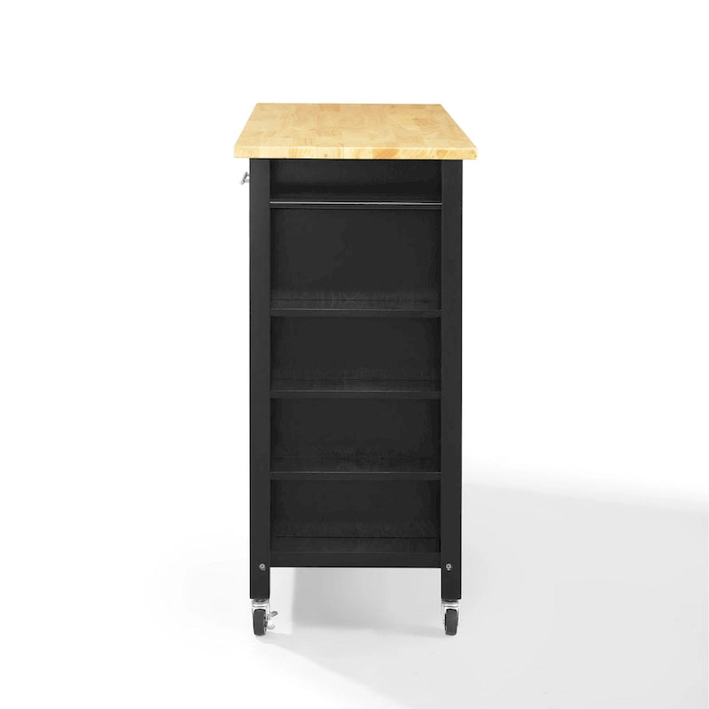 Black & Natural Wood Top Rolling Kitchen Island Cart with 2 Cabinets, 2 Drawers & Spice Rack