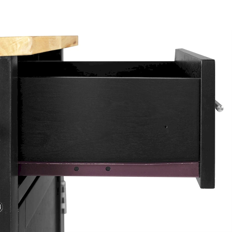 Black & Natural Wood Top Rolling Kitchen Island Cart with 2 Cabinets, 2 Drawers & Spice Rack