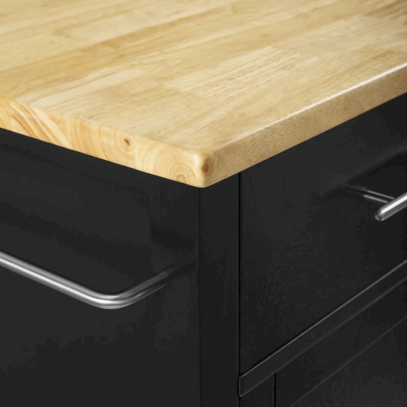 Black & Natural Wood Top Rolling Kitchen Island Cart with 2 Cabinets, 2 Drawers & Spice Rack