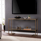 Gold Matte Iron Console Table with Tempered Glass Top & Mirrored Shelf