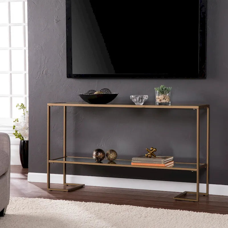 Gold Matte Iron Console Table with Tempered Glass Top & Mirrored Shelf