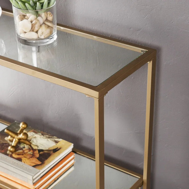 Gold Matte Iron Console Table with Tempered Glass Top & Mirrored Shelf