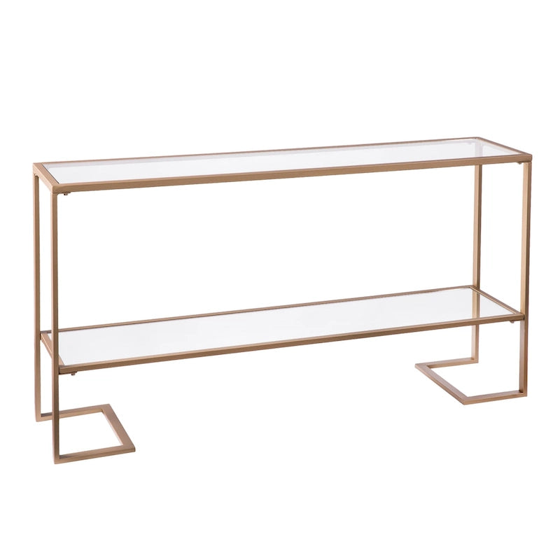 Gold Matte Iron Console Table with Tempered Glass Top & Mirrored Shelf