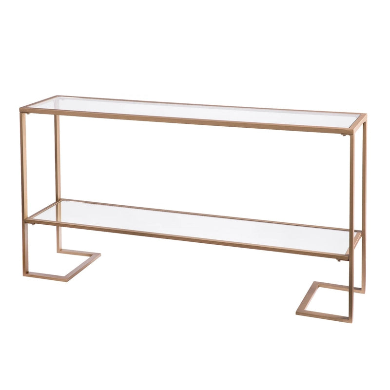 Gold Matte Iron Console Table with Tempered Glass Top & Mirrored Shelf