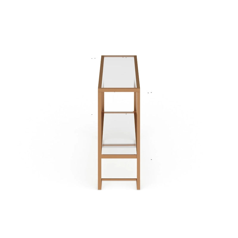 Gold Matte Iron Console Table with Tempered Glass Top & Mirrored Shelf