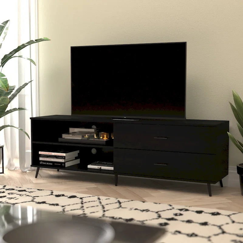 Walnut / Black Mid-Century TV Stand with Adjustable Shelf & 2 Storage Drawers – Fits up to 60 in. TV