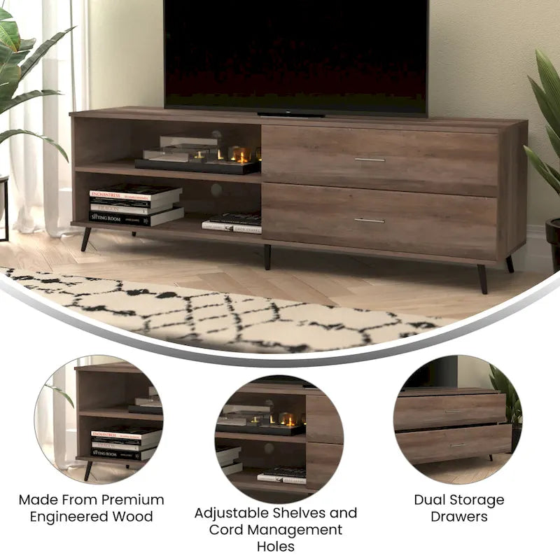 Walnut / Black Mid-Century TV Stand with Adjustable Shelf & 2 Storage Drawers – Fits up to 60 in. TV