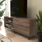 Walnut / Black Mid-Century TV Stand with Adjustable Shelf & 2 Storage Drawers – Fits up to 60 in. TV
