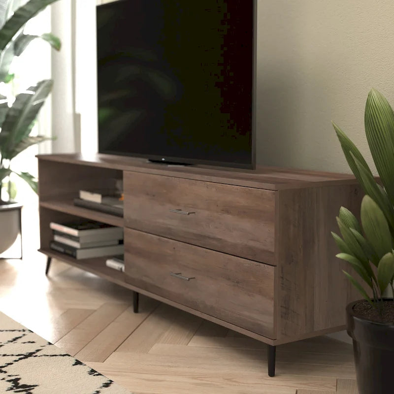 Walnut / Black Mid-Century TV Stand with Adjustable Shelf & 2 Storage Drawers – Fits up to 60 in. TV