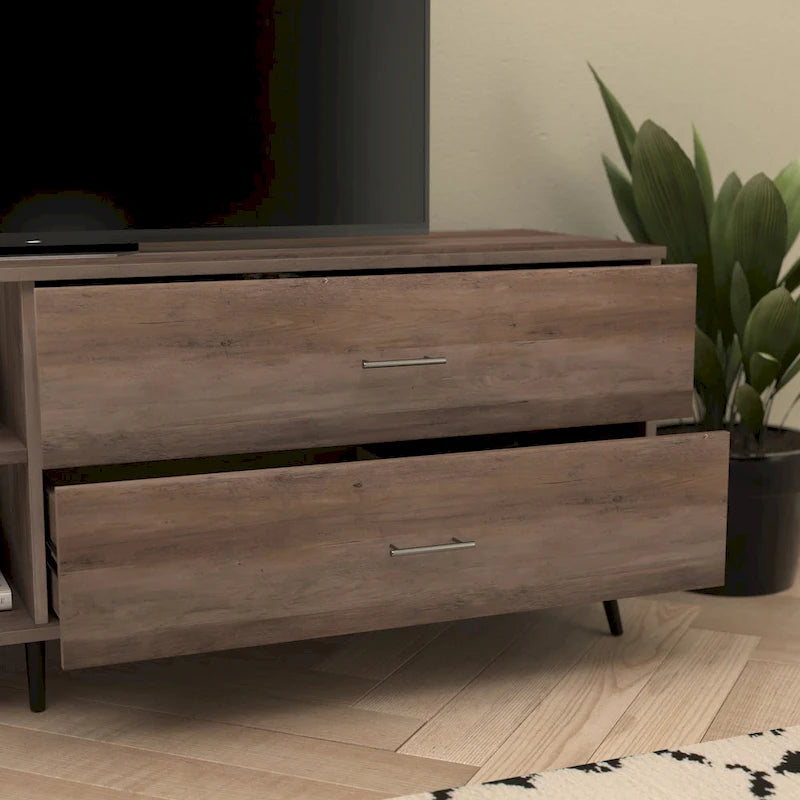 Walnut / Black Mid-Century TV Stand with Adjustable Shelf & 2 Storage Drawers – Fits up to 60 in. TV