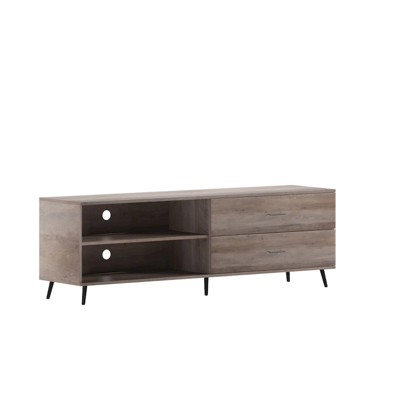 Walnut / Black Mid-Century TV Stand with Adjustable Shelf & 2 Storage Drawers – Fits up to 60 in. TV