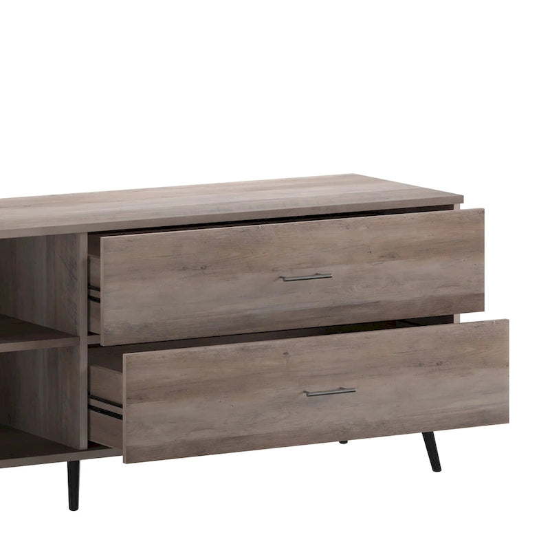 Walnut / Black Mid-Century TV Stand with Adjustable Shelf & 2 Storage Drawers – Fits up to 60 in. TV