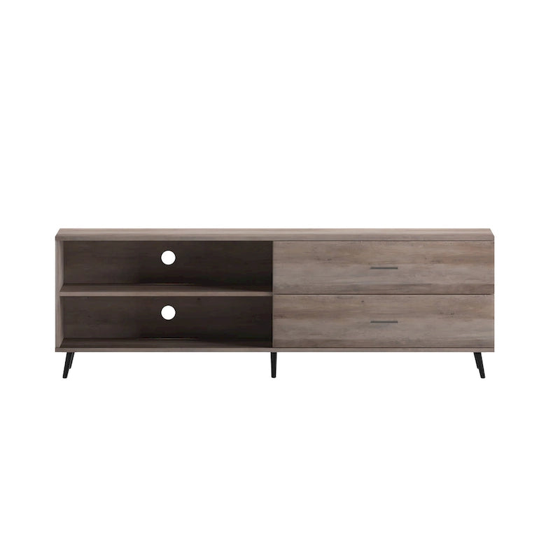 Walnut / Black Mid-Century TV Stand with Adjustable Shelf & 2 Storage Drawers – Fits up to 60 in. TV